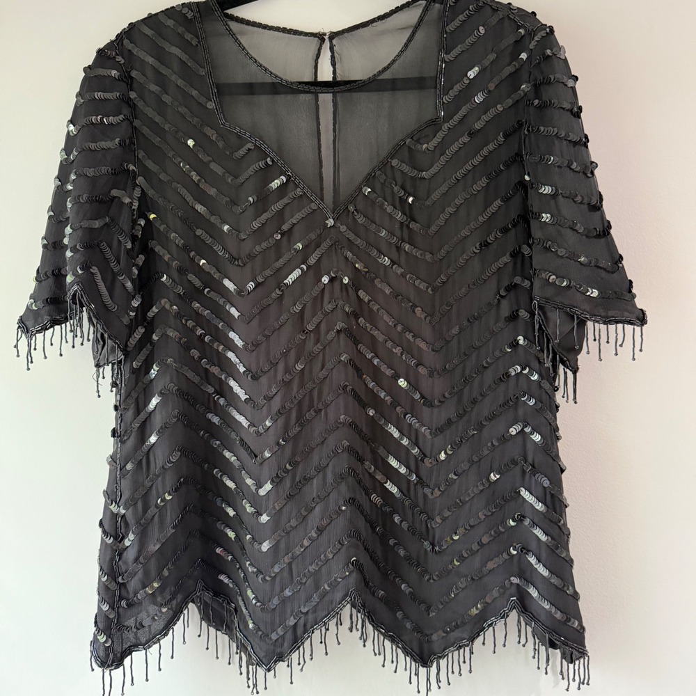 Vintage Leslie Fay Evenings Petite Blouse MP Black‎ Silk Sequin Beaded Fringe